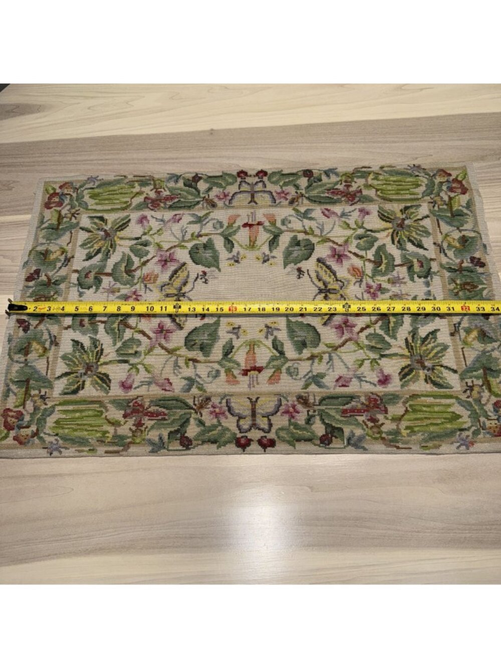 Needlepoint Hand Embroidered Aubusson Style Tapestry Mat Green Botanical Print 3 - Picture 3 of 5